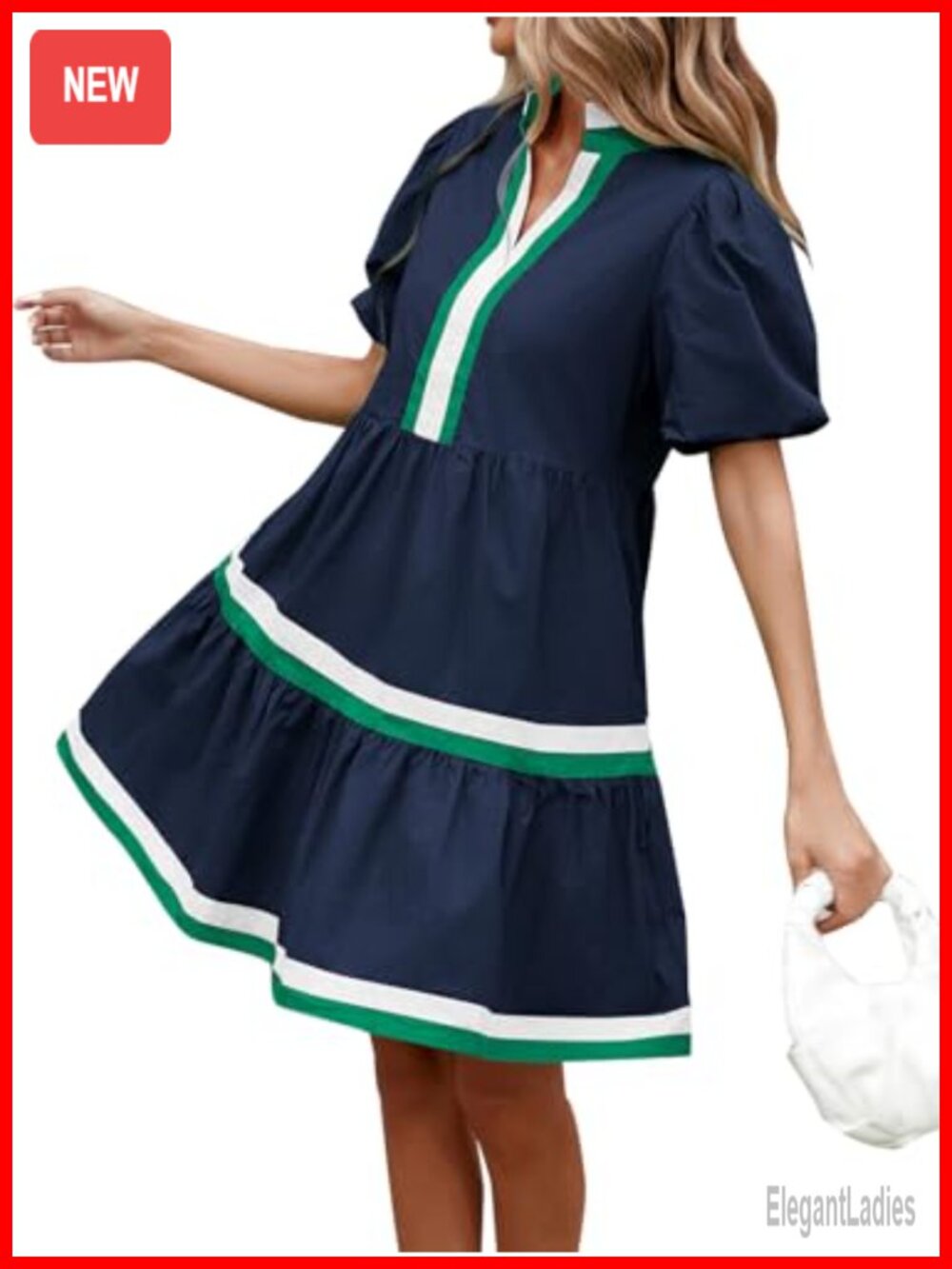 Puff Sleeve Babydoll Dress V Neck Striped Tiered Mini Cotton Casual